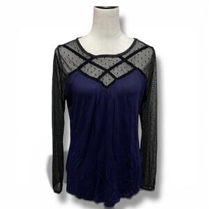 AUGUST SILK Navy and Black Dotted Swiss Top Size Medium Long Sleeve Velvet Trim